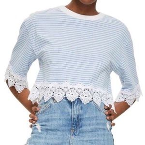 Topshop Blue And White Striped Crop Tee With Lace Trim